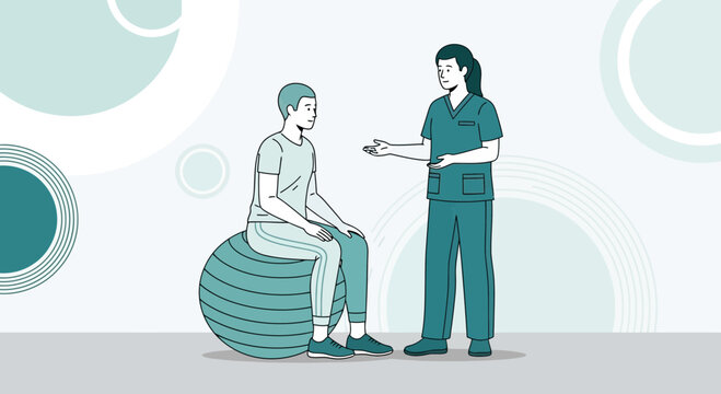 Physical therapist assisting patient on exercise ball for rehabilitation and recovery