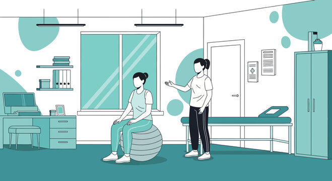 Physical therapist assisting patient on exercise ball in rehabilitation clinic