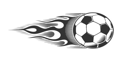 Flaming soccer ball shooting with speed trail in vintage retro engraved woodcut style vector illustration. © Song Long