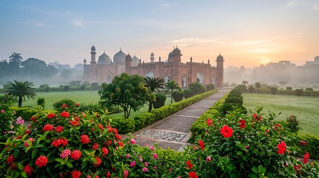 Lalbagh fort in dhaka, bangladesh at sunrise with vibrant foreground flowers and a misty garden path