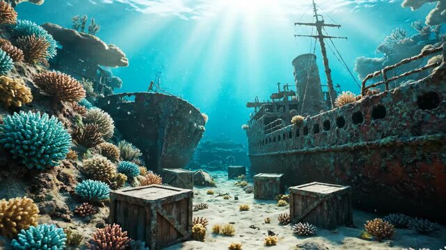 Underwater scene with coral reefs and sunken ships while sunlight streams from above in mysterious depths