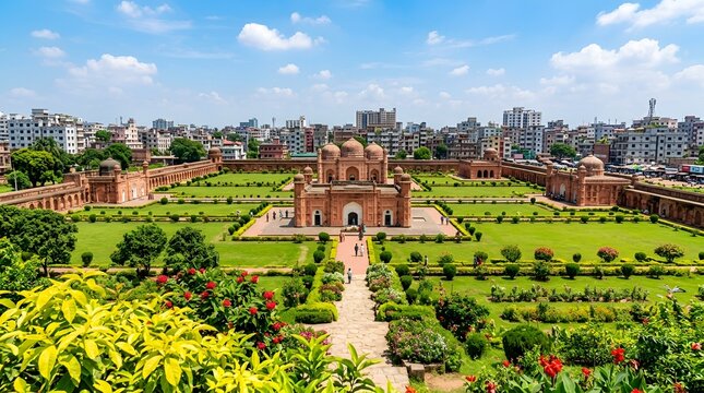 Lalbagh fort, a 17thcentury mughal fort complex in dhaka, bangladesh, featuring the tomb of pari bibi and lush gardens under a blue sky