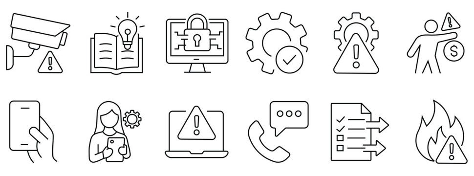 Cybersecurity and risk management line icon set featuring computer padlock, laptop breach, warning alert, cctv camera, financial fraud, system gear, checklist and support. vector set.