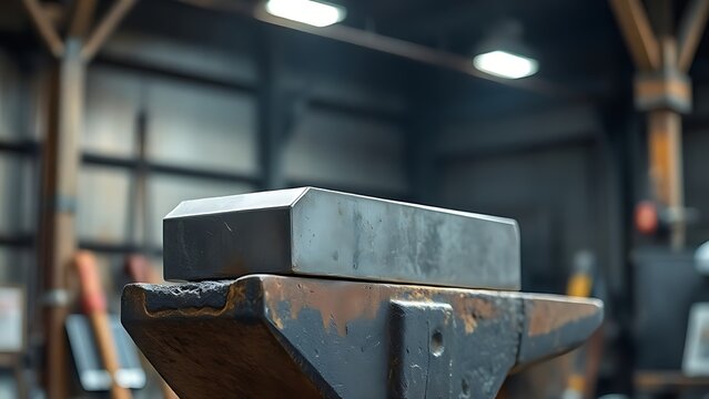 anvil. A solid metal block resting on an anvil in an industrial setting. safety posters, maintenance manuals, designed for precision metalworking and fabrication facilities, supports safety.