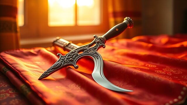kirpan. Ornamental kirpan on embroidered silk, cultural tradition and respect concept. event programs, museum guides, designed for cultural heritage projects and event programs, preserves heritage.