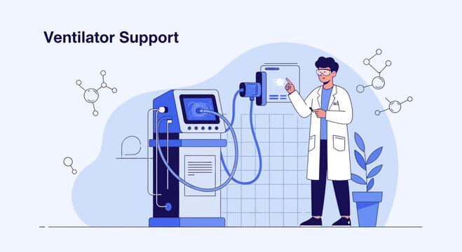 Doctor Adjusts Ventilator Machine for Patient Care in Modern Hospital Room