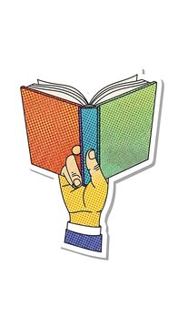 Hand holding open book with colorful cover and pages.
