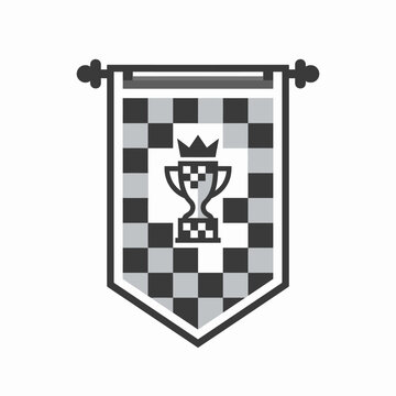 Medieval checkered banner with trophy and crown icon.