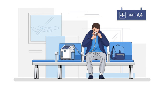 Patient with oxygen concentrator at airport gate, waiting for flight, medical travel