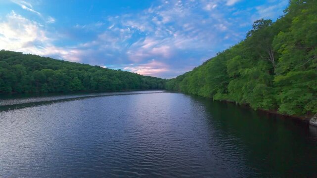 Summer aerial view featuring the Bradley Hubbard Reservoir at Doctor Francis Giuffrida Park and Chauncey Peak in Meriden, Connecticut