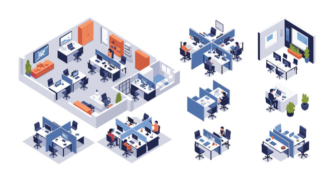 Large set of isometric office workstation layouts featuring various configurations of desks, cubicles, meeting tables, and workers.
