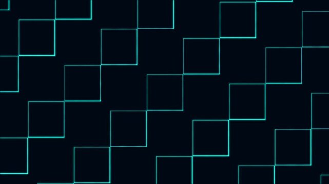 Neon cube lattice square motion background with glowing teal wireframe boxes endlessly sliding across deep space, futuristic geometric loop for technology intros and digital screens