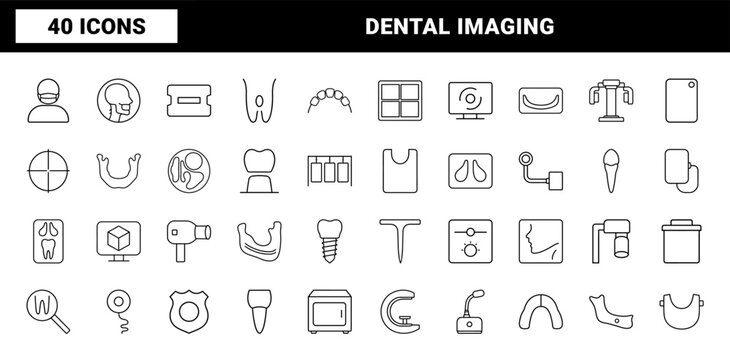 Dental x-ray workflow line icon set. Vector pictograms of dentistry, radiology, diagnostics, and imaging elements, thin linear illustration.