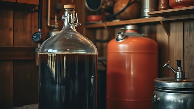carboy. A glass carboy filled with dark liquid in a rustic workshop. safety posters, maintenance manuals, designed for precision metalworking and fabrication facilities, used by engineers.