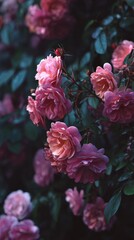 Obraz premium Blooming pink roses in a lush garden with dark green foliage