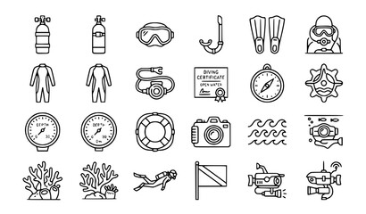 Scuba diving icons and equipment illustrations © Alamin