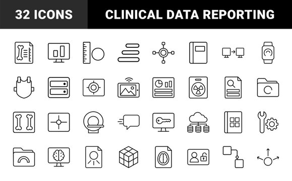 Medical imaging workflow line icon set. Vector pictograms of radiology, diagnostics, healthcare, and informatics elements, thin linear illustration.