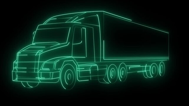 Digital glowing neon green wireframe of a heavy semi truck trailer cargo vehicle moving fast with lines of light in a dark virtual space environment for logistics and transportation technology design