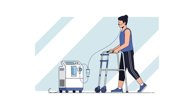 Patient with walker and oxygen concentrator, rehabilitation after illness