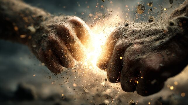 Two powerful fists colliding with explosive energy and debris