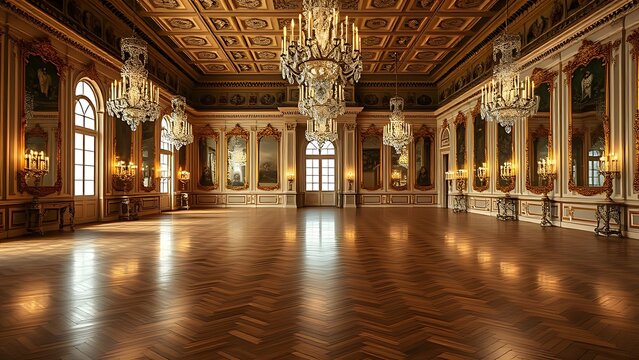 ballroom. An empty grand ballroom with parquet floor and crystal chandeliers. real-estate listings, architecture portfolios, designed for architectural facade and classical detail presentations.