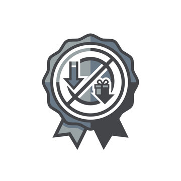 Shield badge with no gift and down arrow icon.