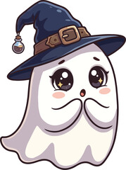 Fototapeta premium A cute cartoon ghost wearing a blue witch hat with a brown belt and a small potion bottle