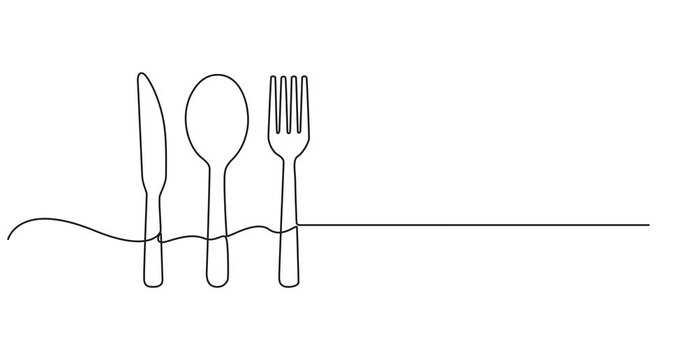 Video. Fork, knife and spoons. Continuous single line cutlery pattern for logos, business cards, banners. Animation on white background. 4K. Full length one line animation. 4K, Restaurant concept.