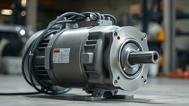 stepper. Large industrial stepper motor with metallic housing and bundled cables. safety posters, maintenance manuals, designed for precision metalworking and fabrication facilities.
