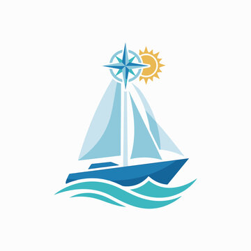 Sailboat graphic with compass rose and bright sun.