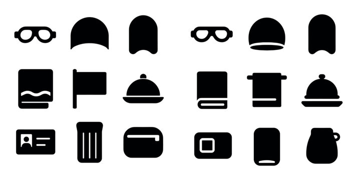 Swimming and water sport icon set with goggles, swim cap and towel for mobile app design in solid style