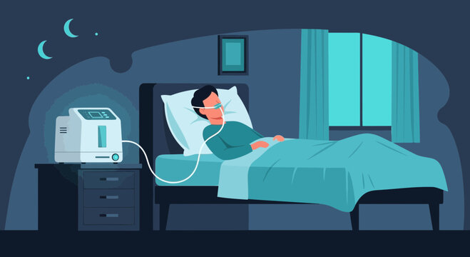 Patient Sleeping with Oxygen Concentrator Machine at Night for Respiratory Support