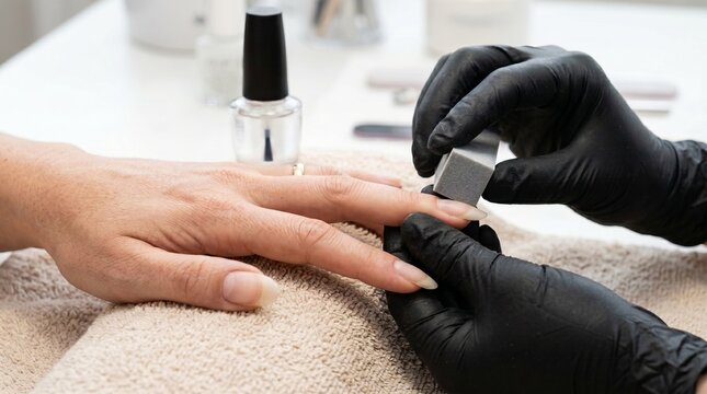 Beautician buffering nail of woman in beauty salon. Hygienic manicure process, cosmetic procedure, hand treatment and wellness.