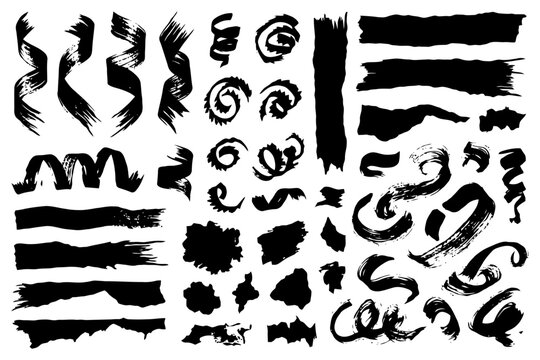 Collection of bold abstract black brush stroke textures on white background.