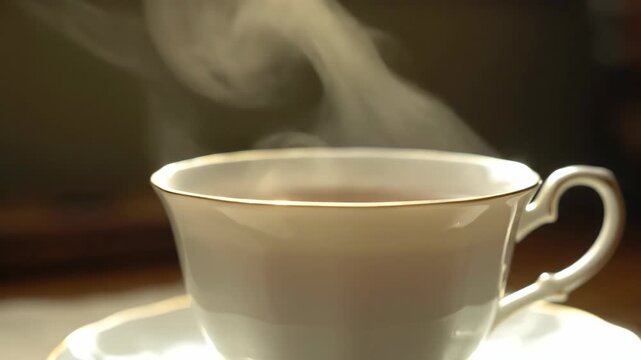 A white teacup filled with hot tea steams gently while resting on a saucer in dim lighting
