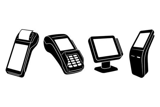 Silhouette icons: payment devices and kiosks in modern retail contexts.