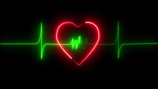 Neon red heart shape with glowing green heartbeat pulse line on black background representing health medical care and love concept for digital graphic design and technology presentation visual assets