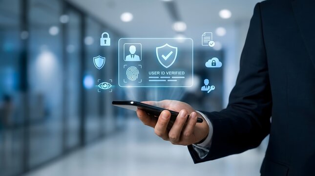 User ID verified with fingerprint and icons on smartphone