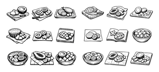 Fototapeta premium Food and fruits concept icons with kiwi, papaya and bowl for infographic design in sketch hand drawn style