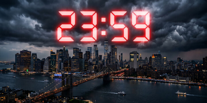 Glowing red digital clock showing time twenty three fifty nine suspended over dark city skyline at night with clouds looming above big bridge and river view.