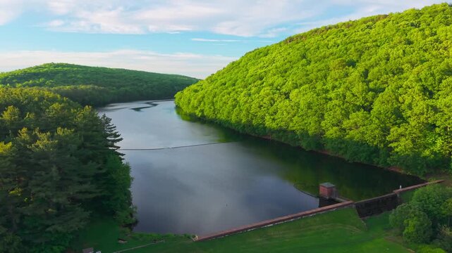 Summer aerial view featuring the Bradley Hubbard Reservoir at Doctor Francis Giuffrida Park and Chauncey Peak in Meriden, Connecticut