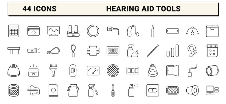 Hearing aid maintenance line icon set. Vector pictograms of audiology device care, cleaning tools, moisture protection, and audiologist service elements, thin linear illustration.