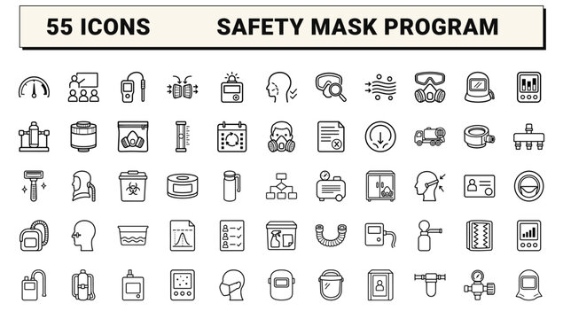 Respiratory protection program line icon set. Vector pictograms of safety equipment, mask fit testing, industrial hygiene, and occupational compliance elements, thin linear illustration.