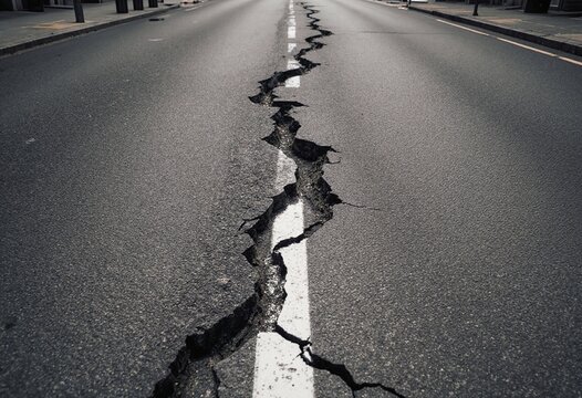 Urban Street Scene Depicting the Aftermath of an Earthquake with a Jagged Crack Running Through the Asphalt