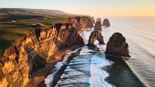 Majestic rock formations stand tall against a dramatic ocean coastline at sunset.