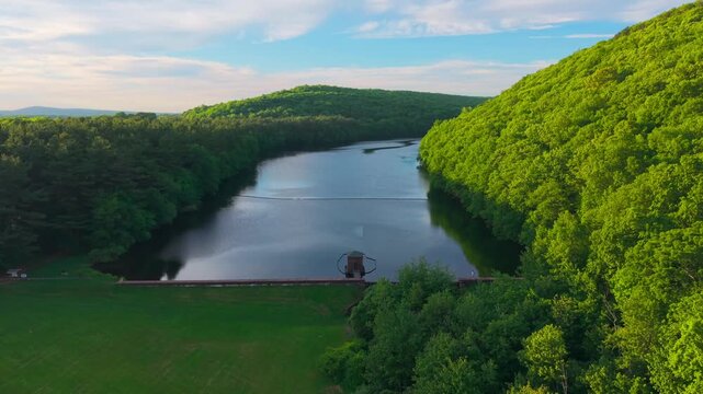 Summer aerial view featuring the Bradley Hubbard Reservoir at Doctor Francis Giuffrida Park and Chauncey Peak in Meriden, Connecticut