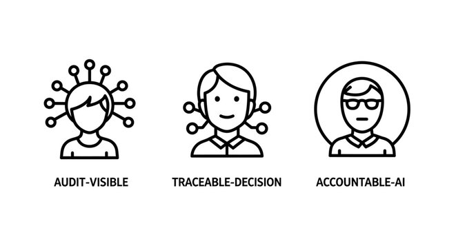Responsible AI and ethical computing icon set with traceable decision accountable artificial intelligence responsible technology algorithm learning transparency governance management