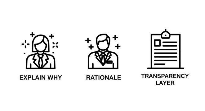 Icons representing explain why rationale and transparency layer with clipboard rationale transparency clipboard business analysis management information document reasoning corporate