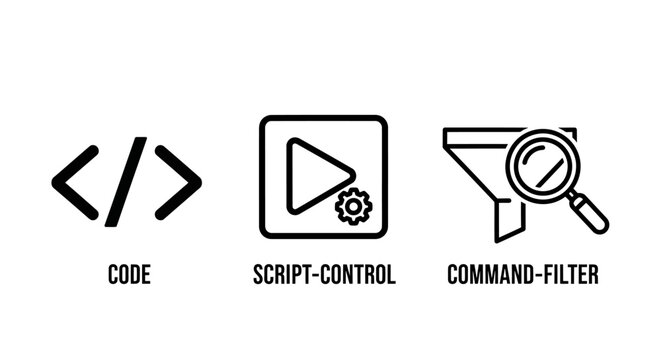 Software development programming and logic icons set with development programming software terminal algorithm function interface graphics monochrome minimalist optimization magnifying