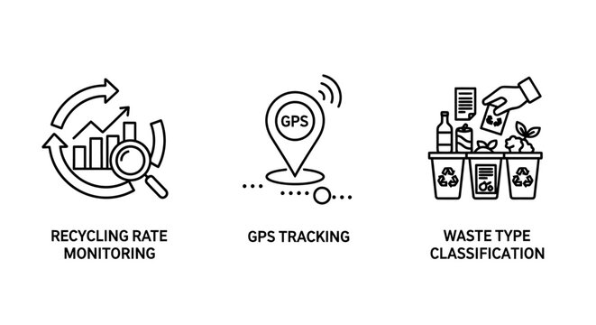 Set of recycling rate monitoring gps tracking waste type classification icons recycling monitoring tracking classification environment sustainability management location navigation